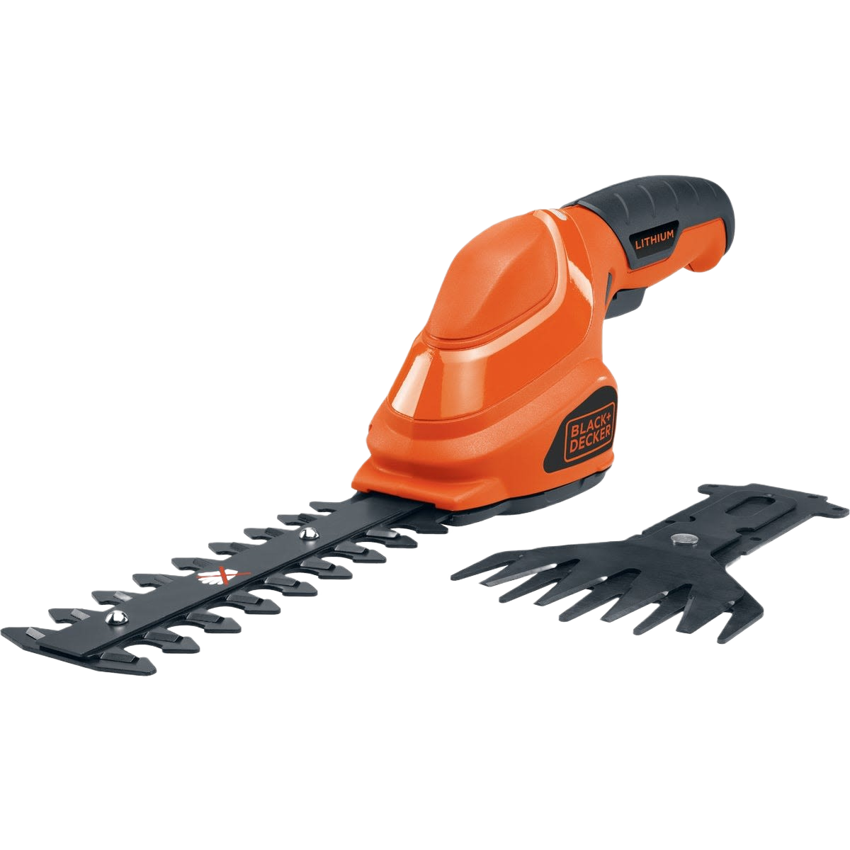 Compact cordless grass shear in orange and black with detachable shrubbery trimming blade for home improvement tasks