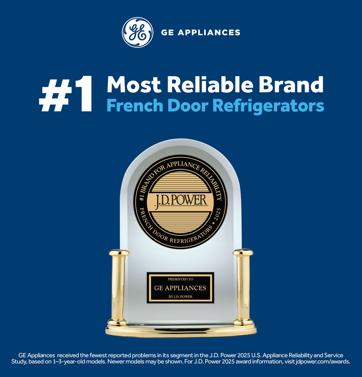J.D. Power award plaque recognizing GE as the most reliable brand for French door refrigerators in 2025 year