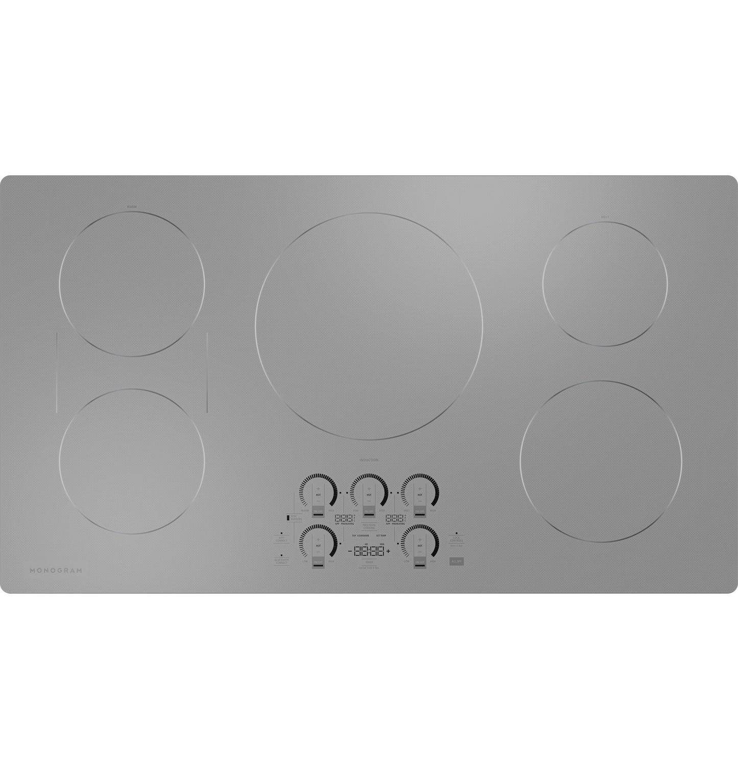 Stainless steel induction cooktop with five burners and digital controls, part of kitchen appliances and cooktops collection