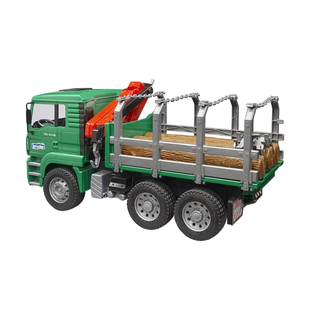 Green toy timber truck with orange crane and three wooden logs for tools and home improvement play.