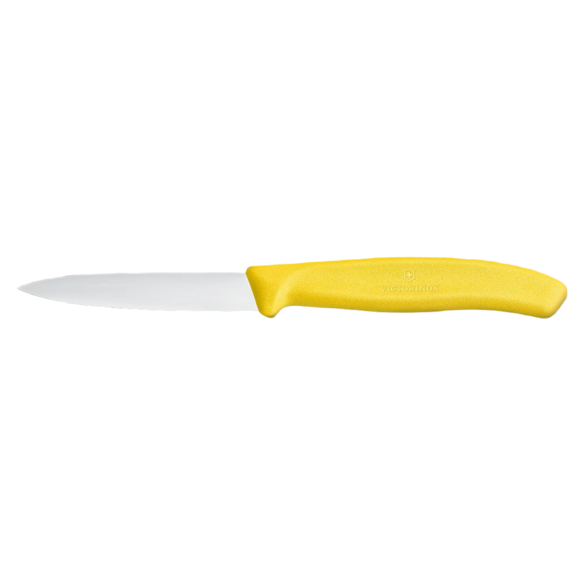 Yellow-handled 3-inch paring knife with pointed stainless steel blade for precision kitchen utensils and cooking tasks