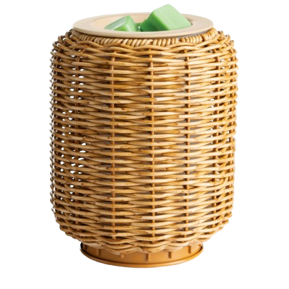 Wicker lantern-style fragrance warmer with ceramic top designed for home ambiance and scent diffusion