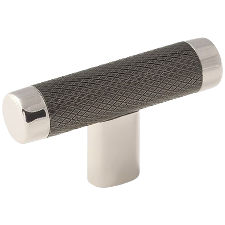 Modern bar pull knob with polished nickel ends and crosshatch textured gunmetal grip for cabinet hardware upgrades