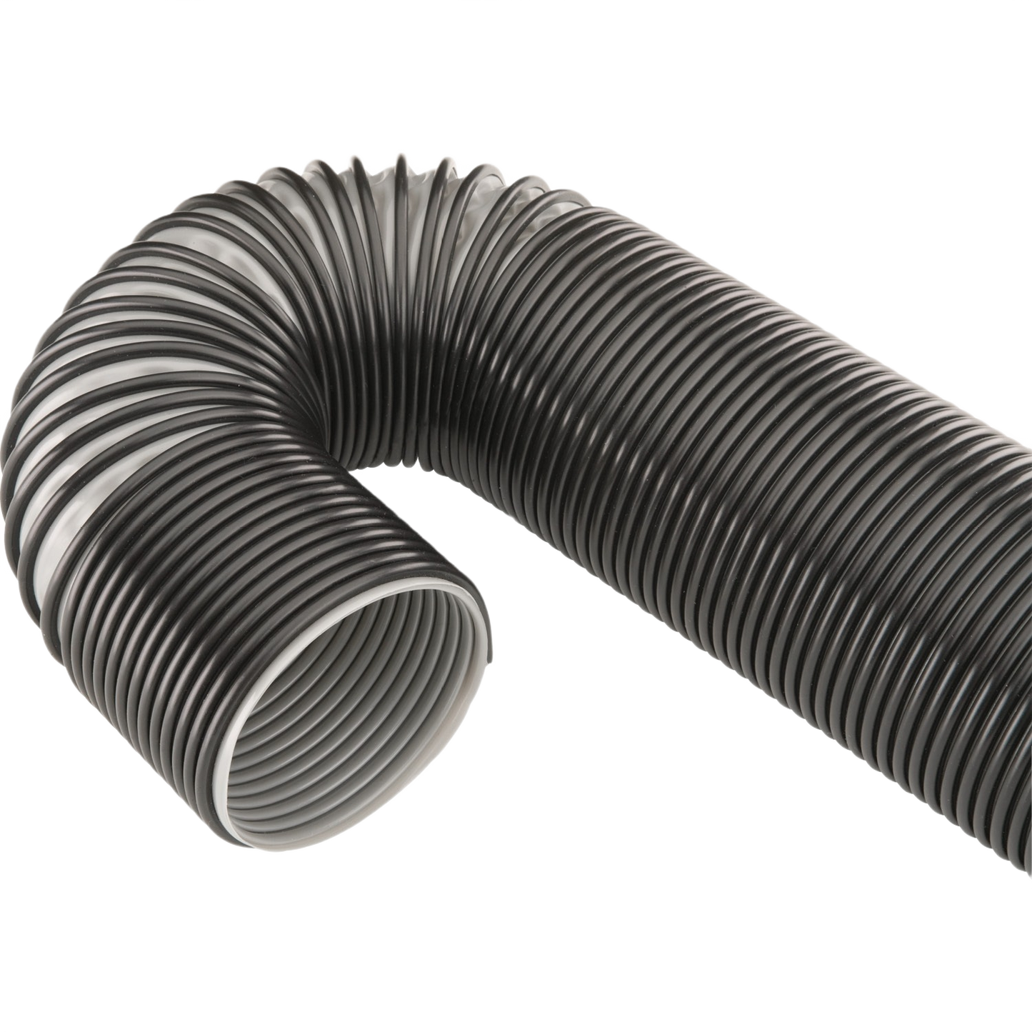 Clear flexible dust hose with black spiral reinforcement for woodworking tools and dust collection systems