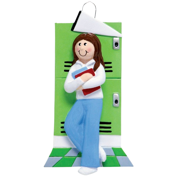 Brown-haired female student figurine holding books leaning against green lockers Christmas ornament under $50