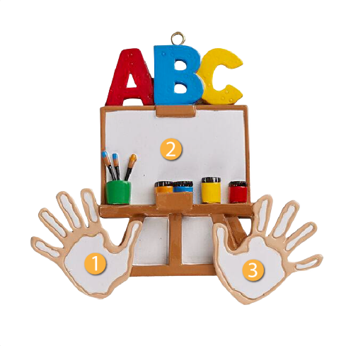 Kindergarten ornament with colorful ABC letters, blank canvas, paint jars, brushes, and handprint decorations for Christmas décor under $50 collection