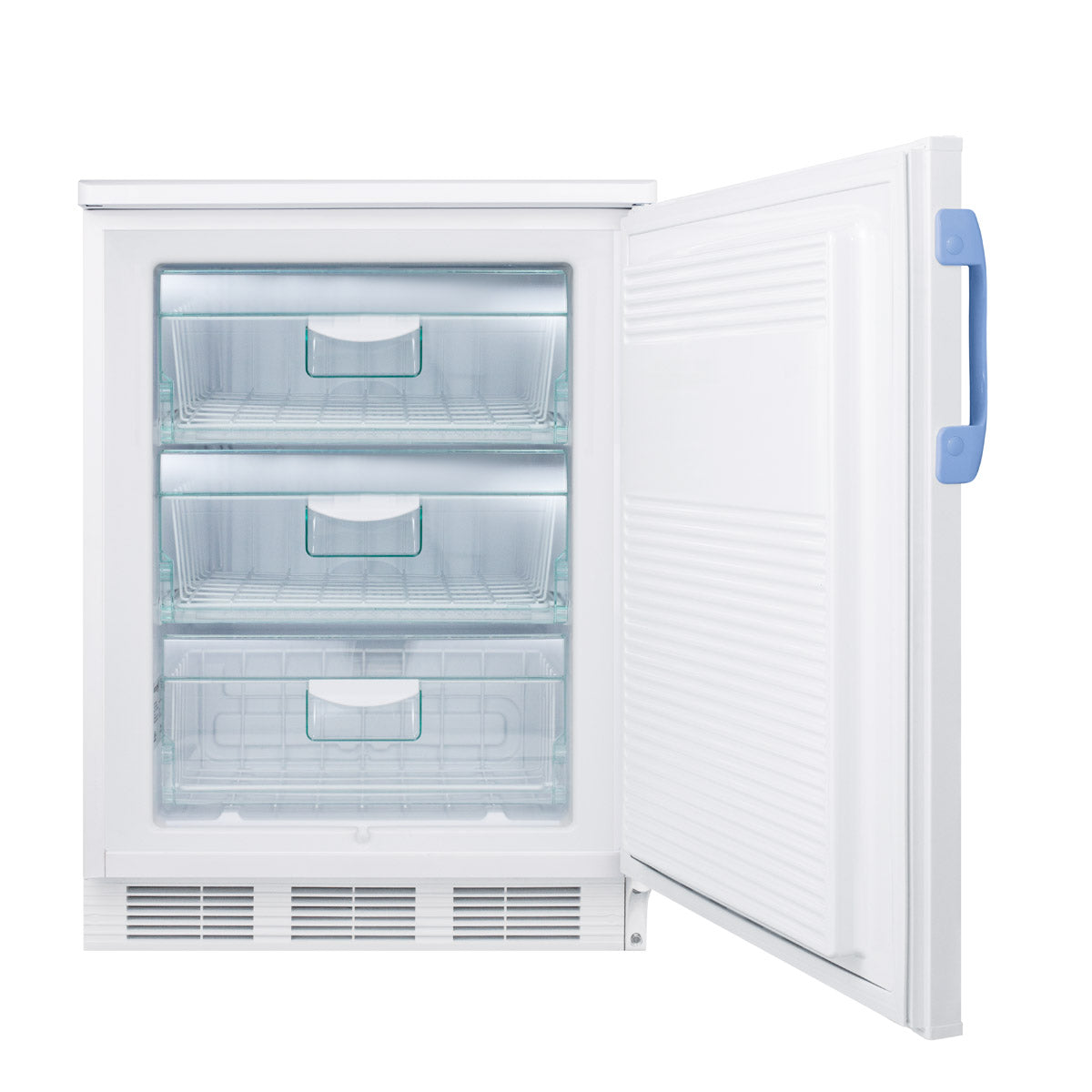 Open built-in freezer with three transparent drawers and blue handle for medical and scientific storage in appliances collection