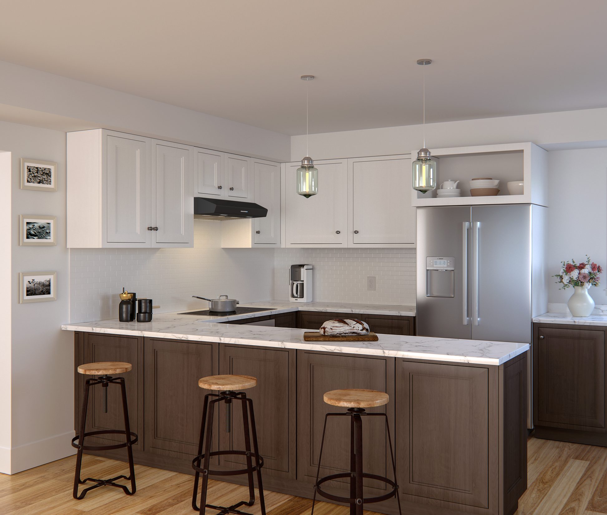 Black under cabinet range hood with LED lighting installed above an electric stove in a modern kitchen featuring white upper cabinets and dark wood lower cabinetry, part of Under Cabinet Range Hoods, Range Hoods, Kitchen & Kitchenware, All Products, and Appliances collections for home improvement.