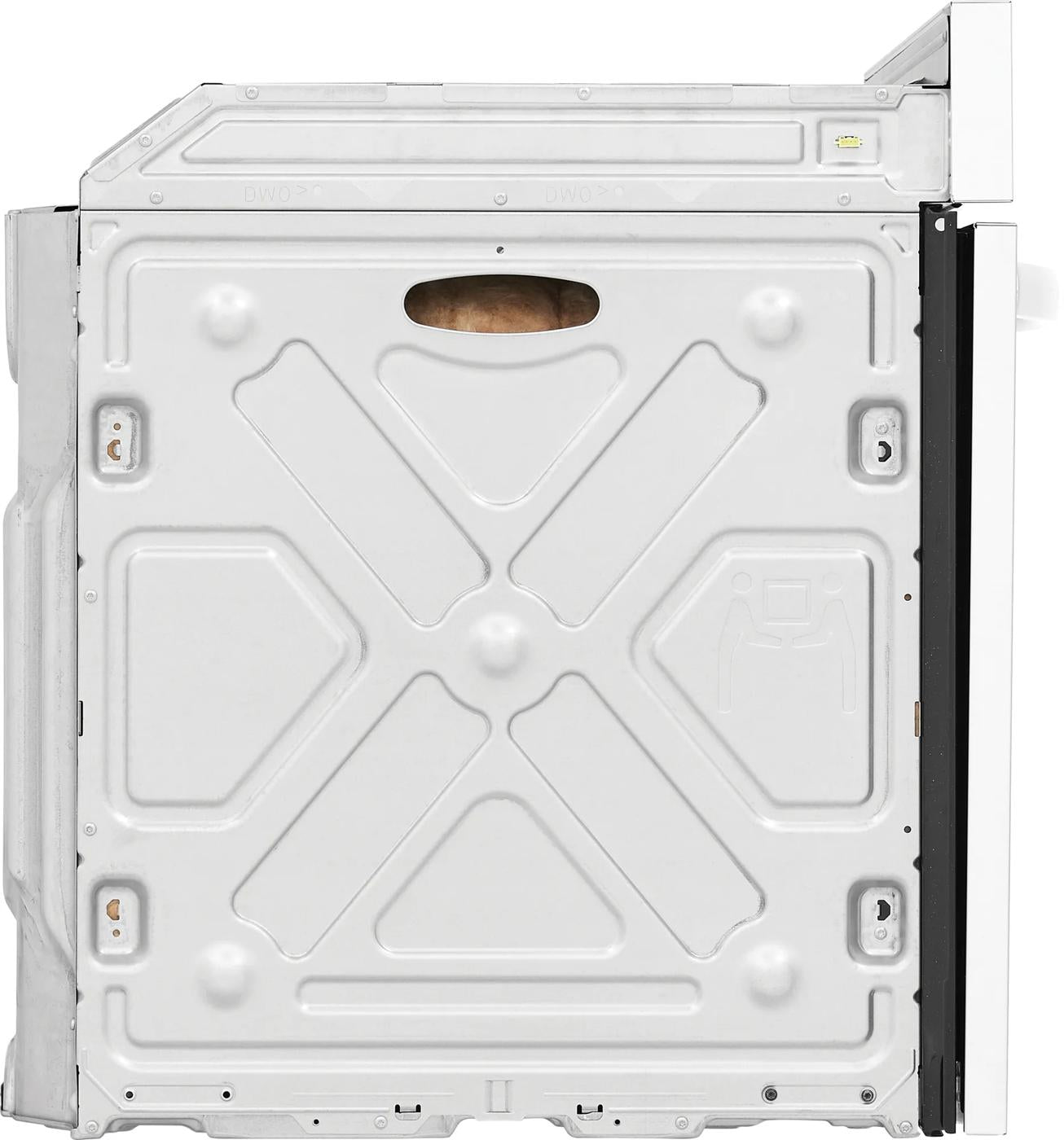 Side view of a white single wall oven with metal casing from kitchen and appliances collection