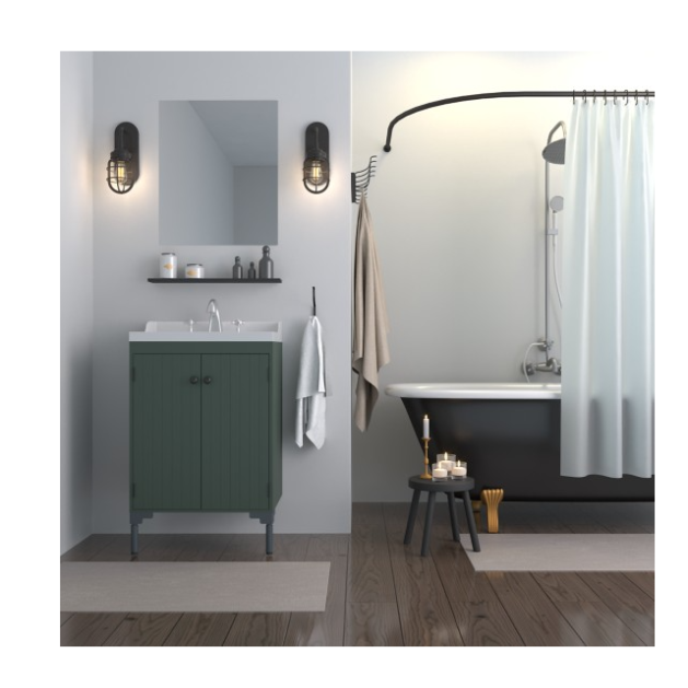 Rustic noble bronze 1-light wall sconces with caged design flanking vanity mirror in modern farmhouse bathroom setting