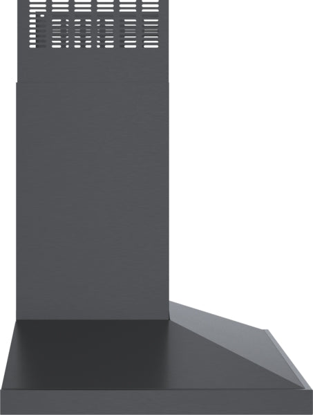 Black stainless steel wall-mounted range hood with pyramid chimney design for kitchen ventilation and home improvement.