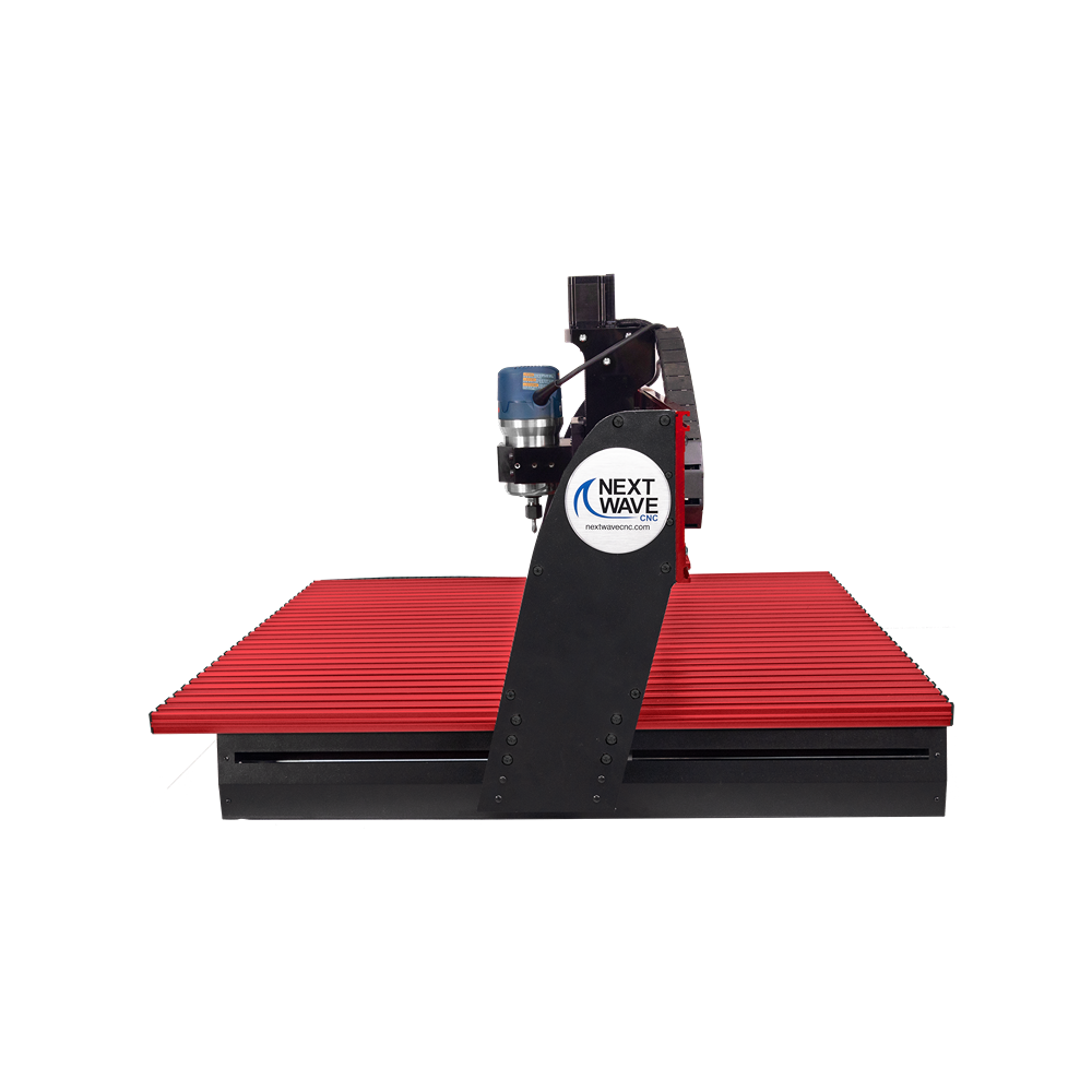 Compact CNC router with red slatted platform and black frame designed for precision woodworking and home improvement tasks