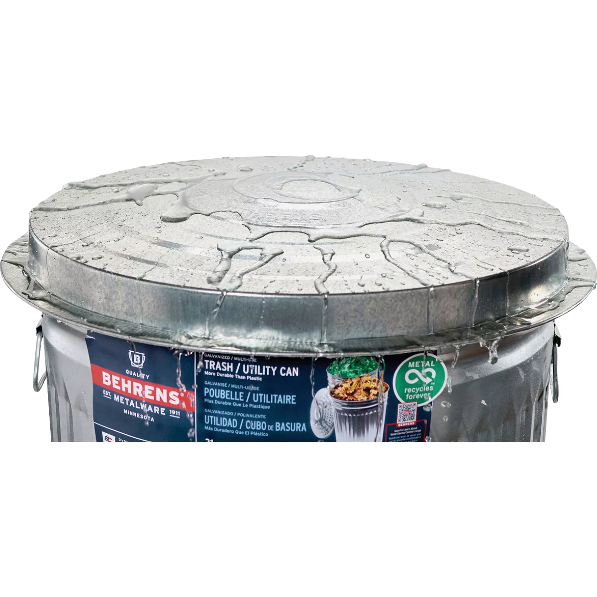 Galvanized steel trash can with lid, featuring reinforced rim and handles for waste baskets and cleaning under $50 collection