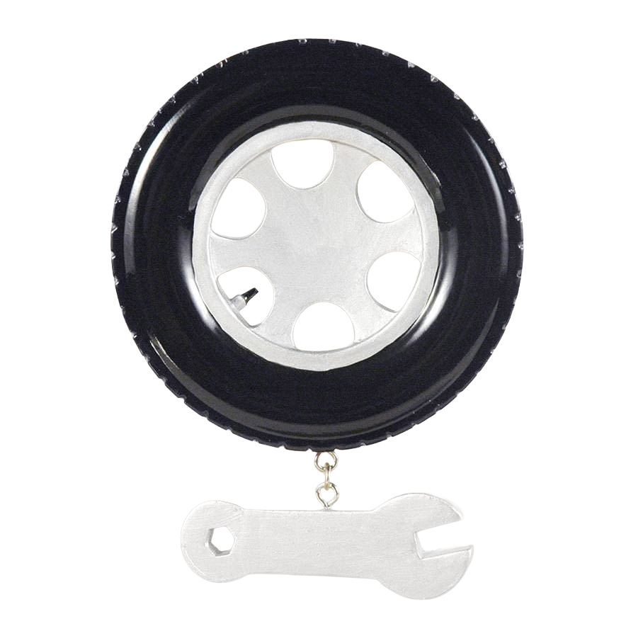Black tire ornament with silver hubcap and attached silver wrench for Christmas tree décor under $50