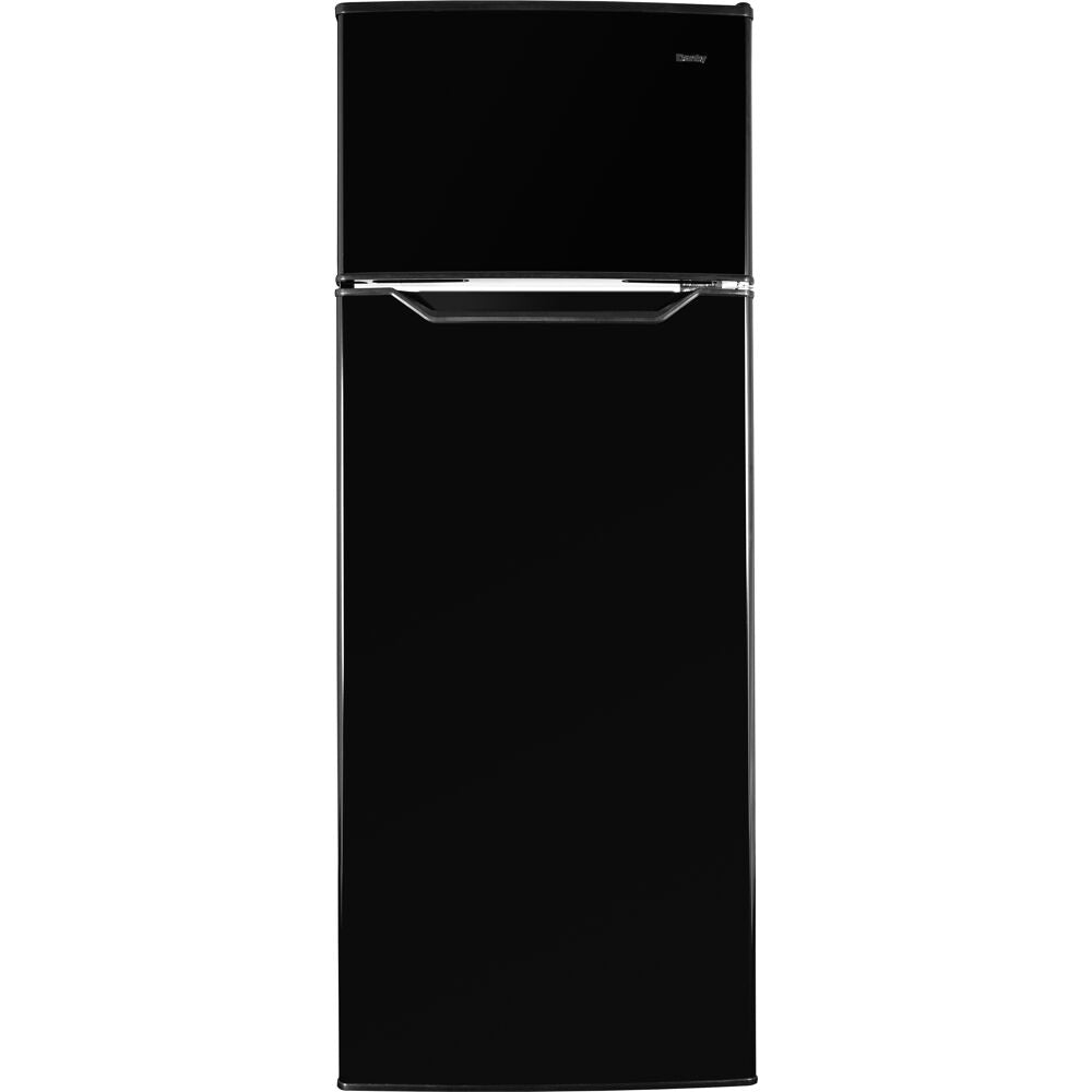 Black top freezer refrigerator with manual defrost and crisper compartment in kitchen appliances collection