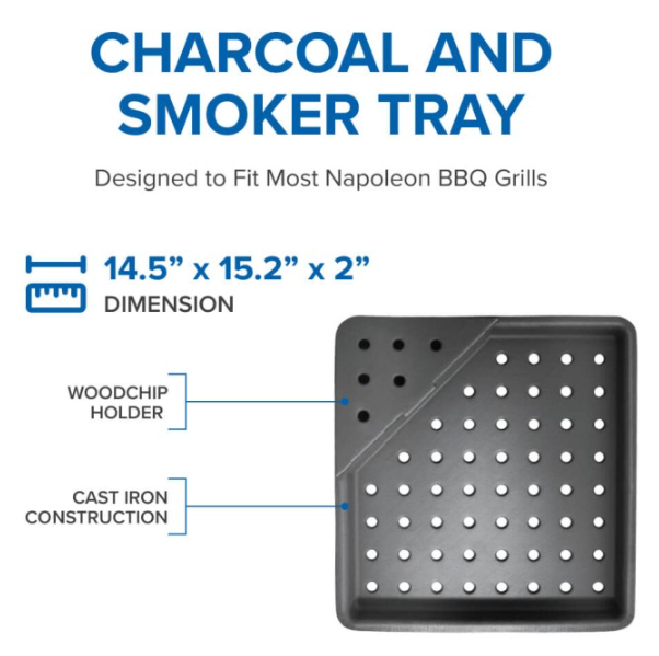 Charcoal and smoker tray with cast iron construction and woodchip holder, designed for Napoleon grills, suitable for outdoor cooking and grilling accessories.