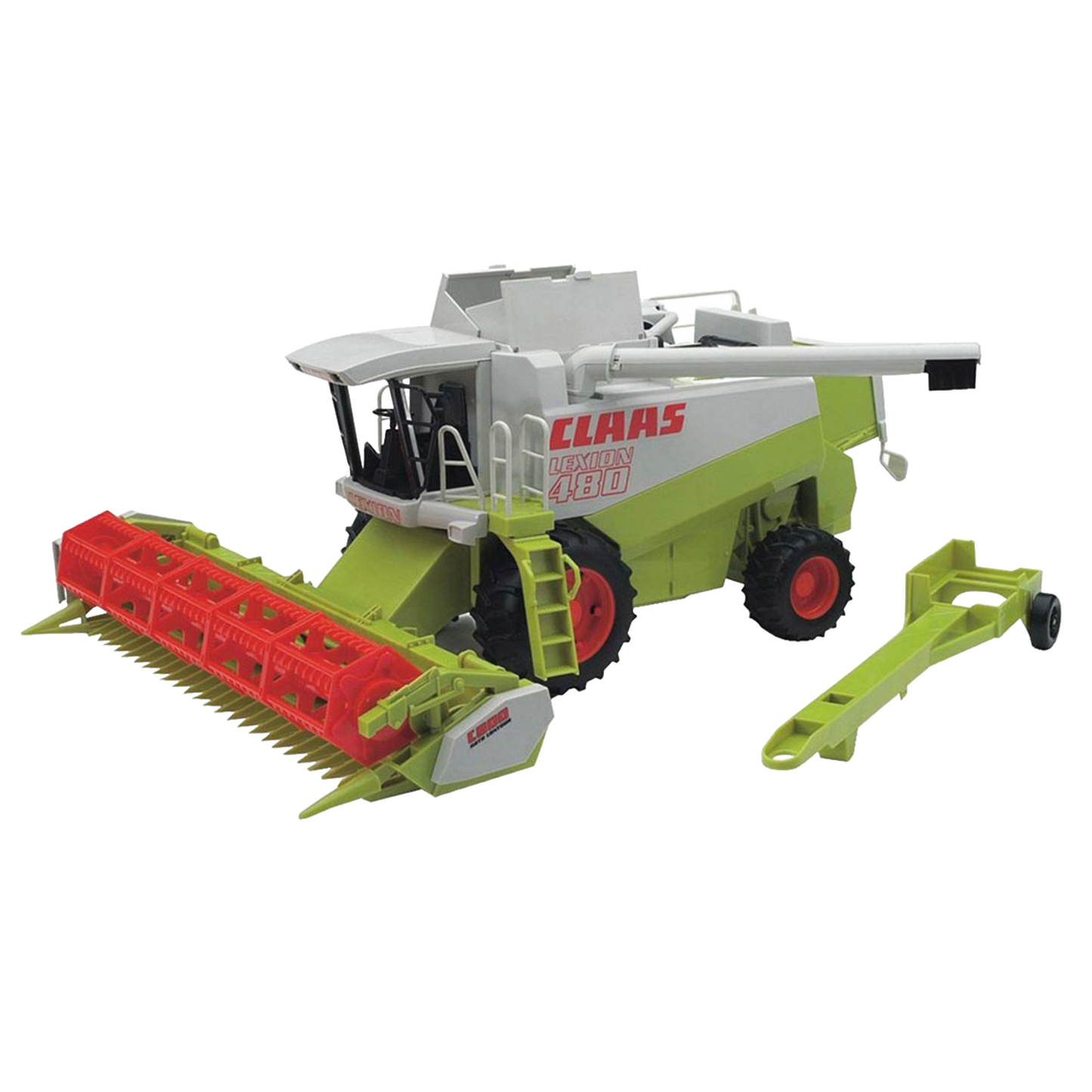 Scale model of a green and white combine harvester toy with a detachable red harvesting header, part of Bruder Toys collection