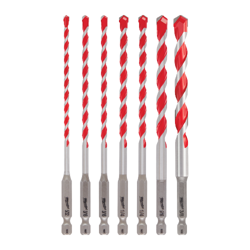 Set of seven carbide hammer drill bits with red spiral flutes and silver shanks for concrete drilling in power tool accessories.