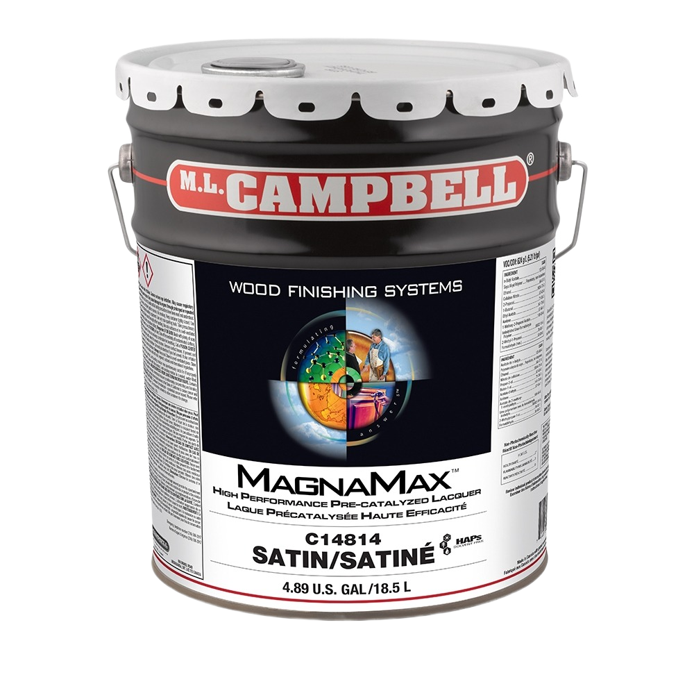 Large gallon can of satin finish pre-catalyzed lacquer for wood finishing and home improvement projects
