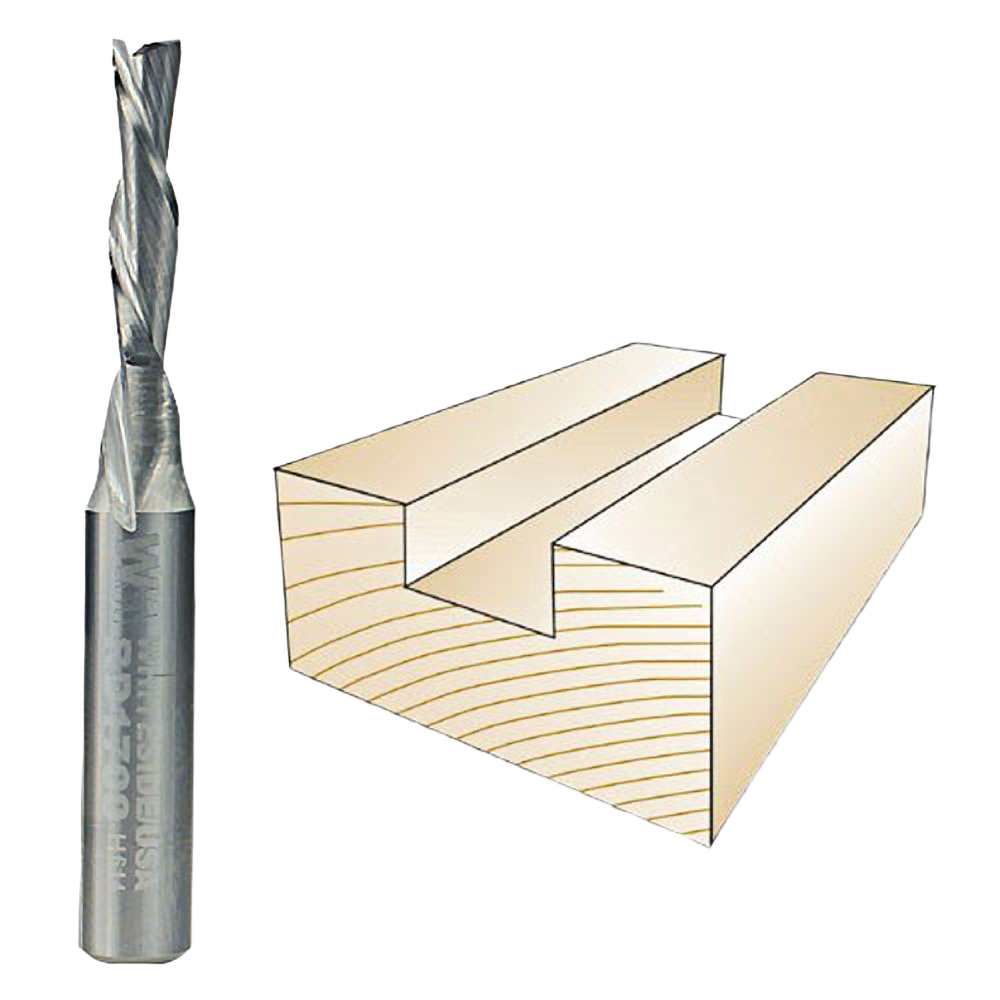 Spiral downcut router bit with sharp flutes alongside a wood piece showing a clean groove cut for tool accessories and home improvement