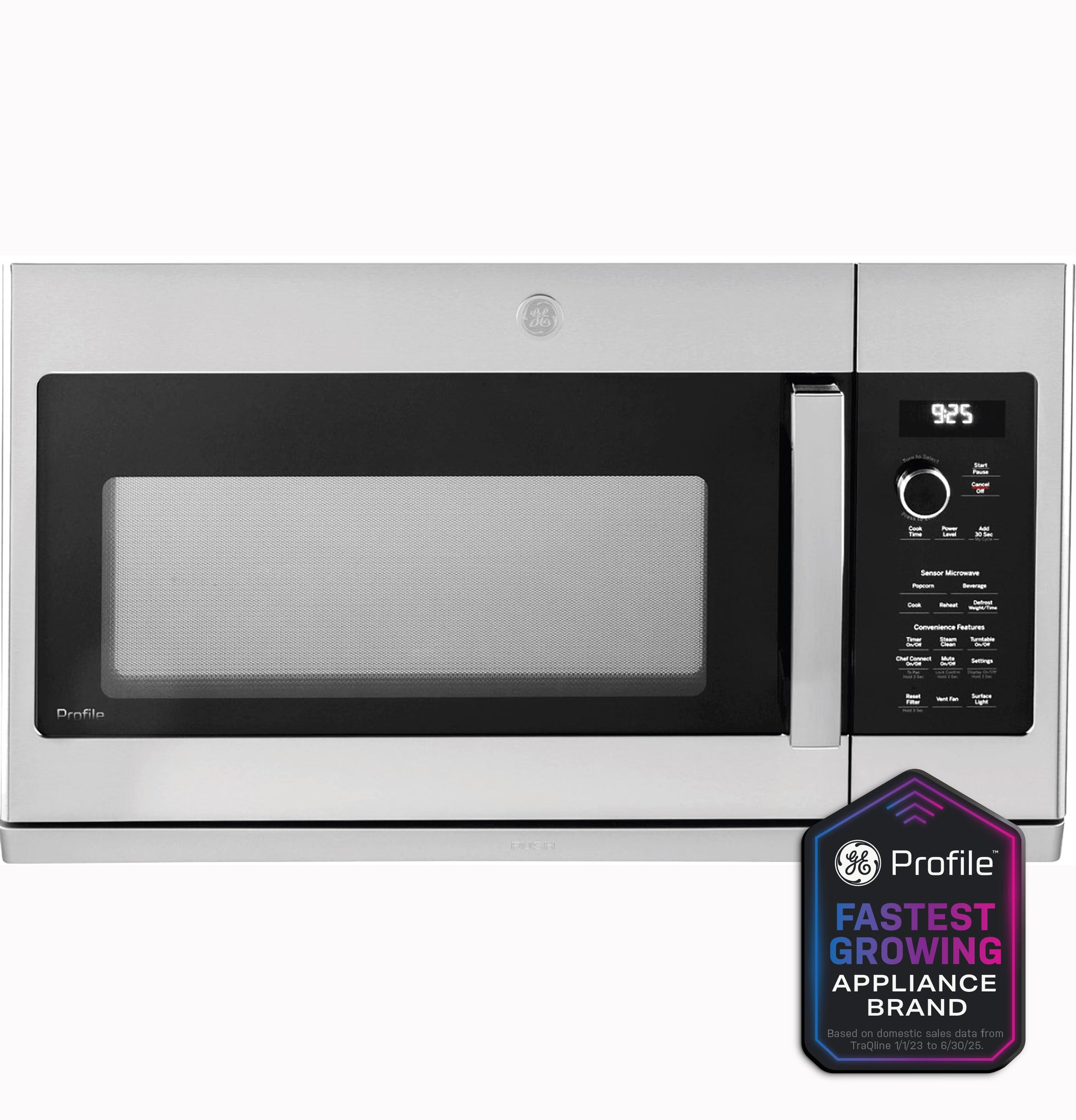 Stainless steel over-the-range sensor microwave with digital display and control knob in kitchen appliances collection