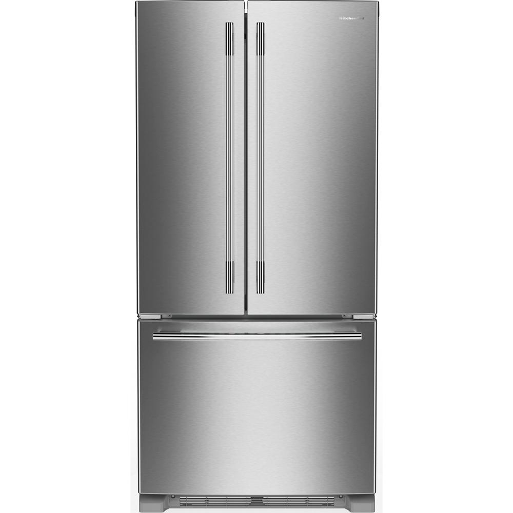 Stainless steel 33-inch French door refrigerator with bottom freezer drawer from KitchenAid Appliances collection