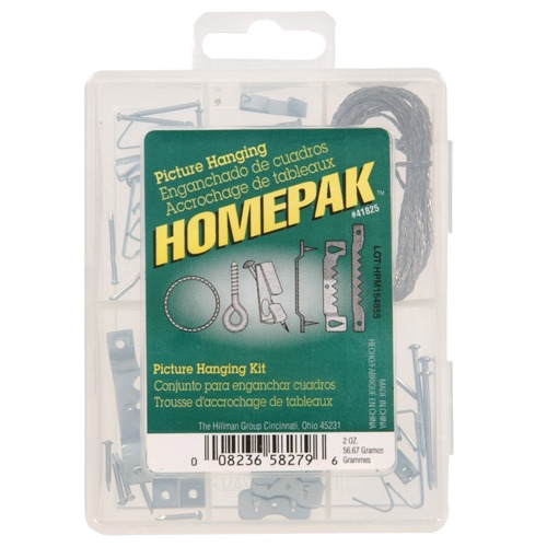 Plastic case containing metal hooks, wire, and fasteners for picture hanging in hardware and home improvement.