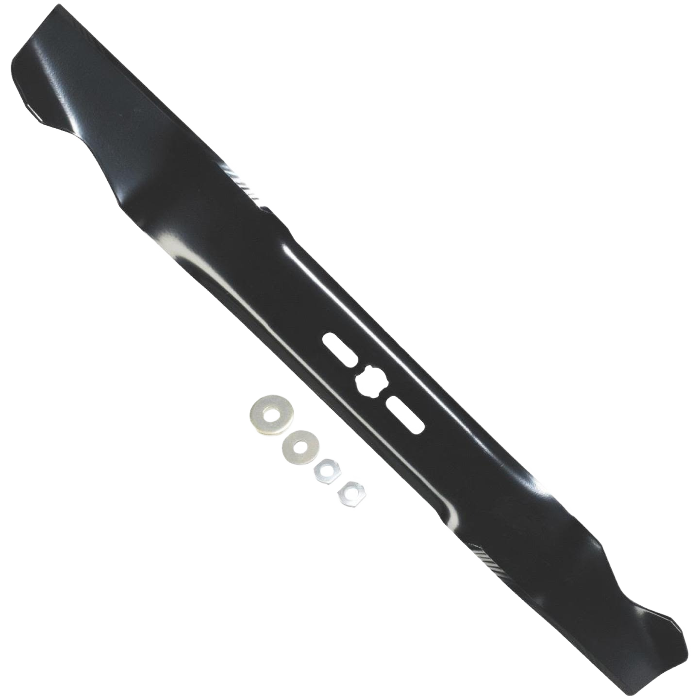 Black metal mulcher blade with adapter washers for lawn mower maintenance in parts and under $50 collections