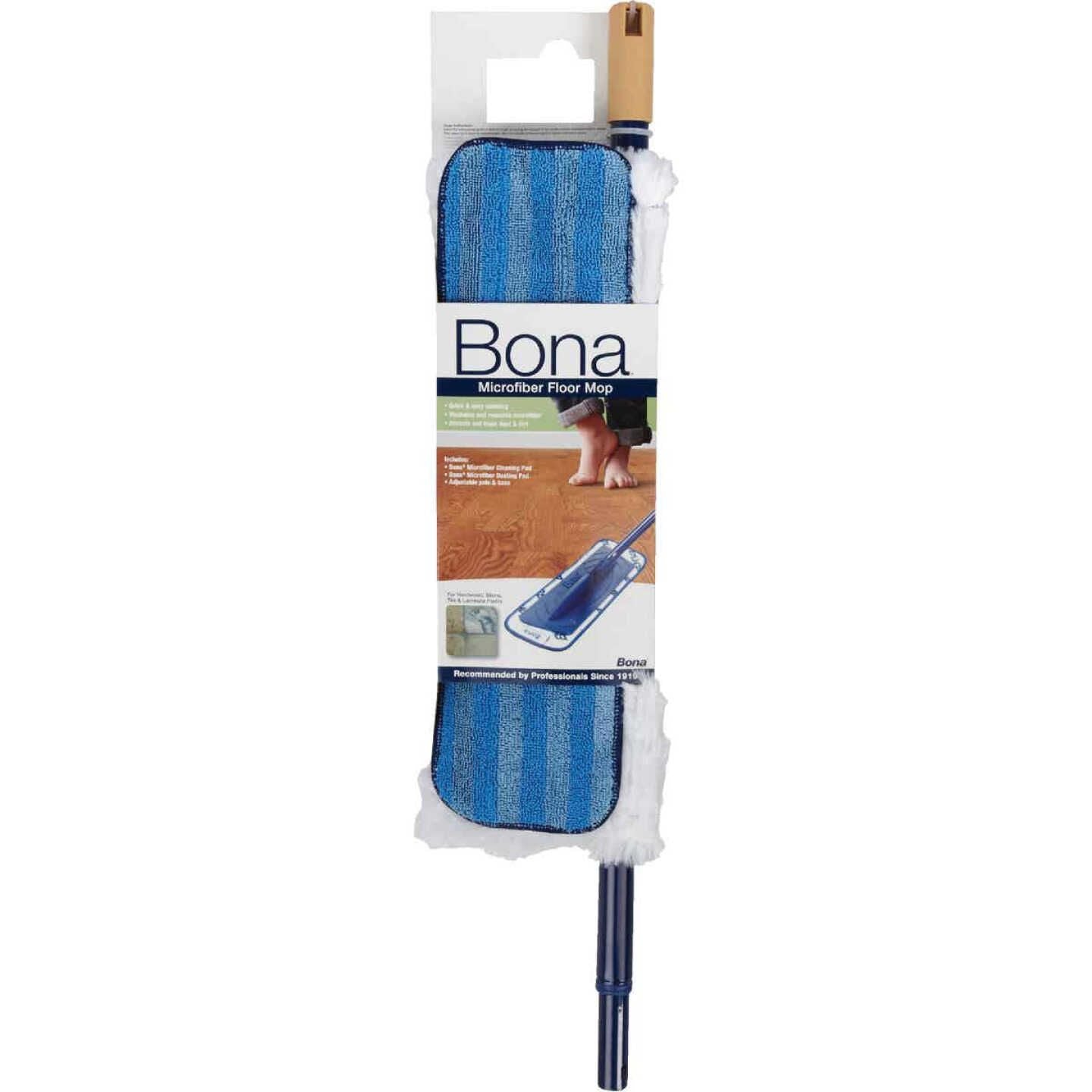 Blue and white microfiber mop head with telescoping handle for versatile floor cleaning in cleaning tool collections