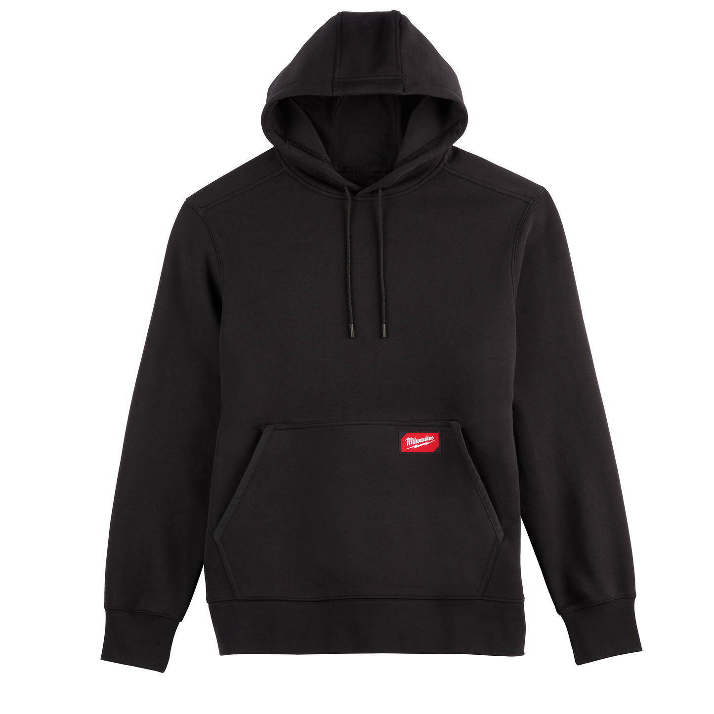 Black pullover hoodie with front kangaroo pocket and red logo patch from women's hoodies under $100 collection
