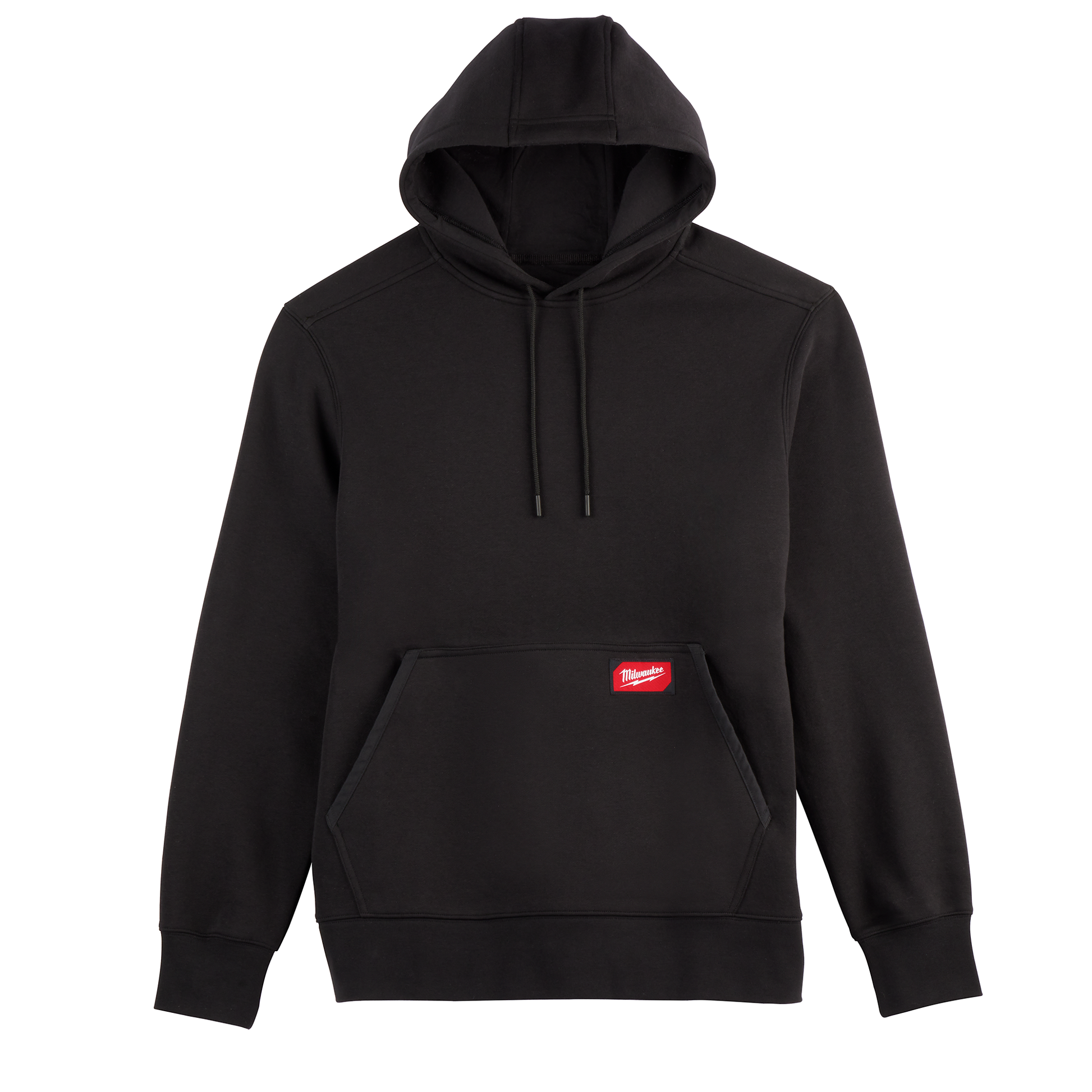 Black pullover hoodie with front kangaroo pocket and red logo patch from women's hoodies under $100 collection