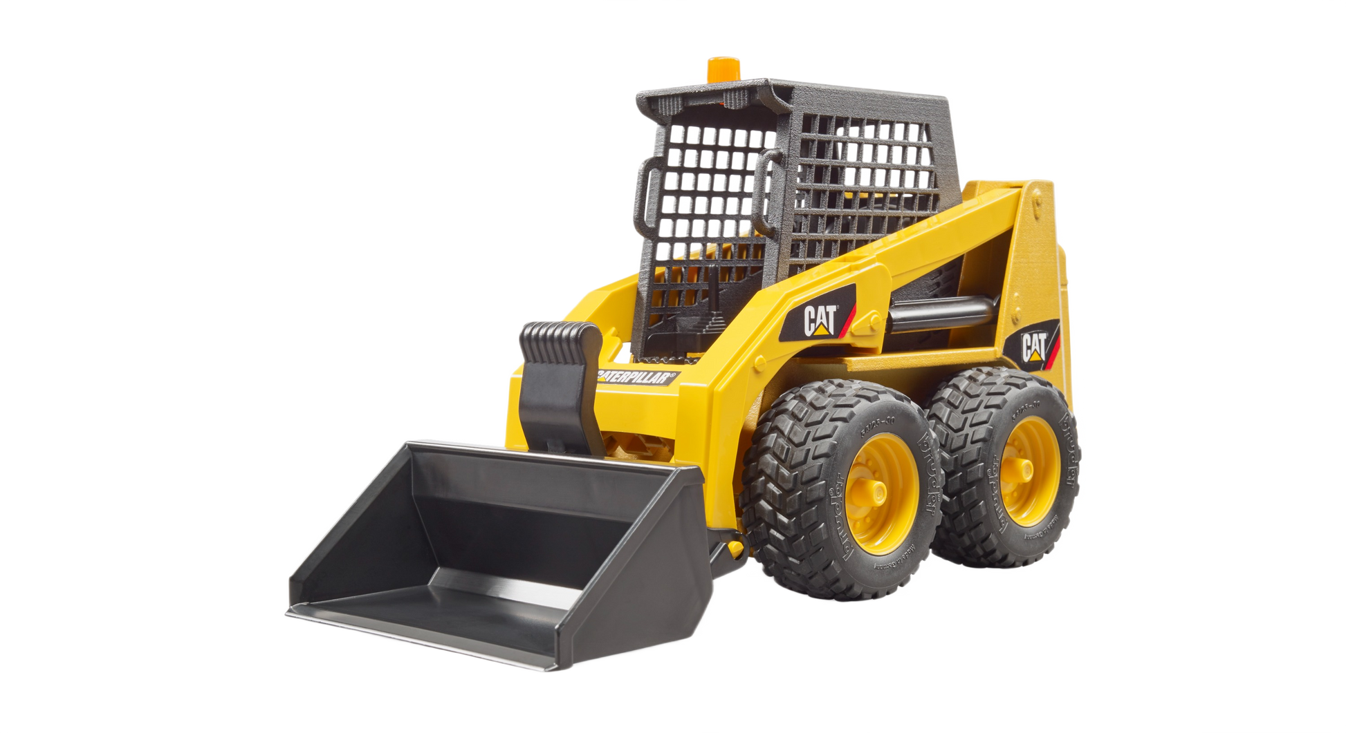 Yellow Bruder CAT skid steer loader toy with realistic details and rugged wheels for construction play and home improvement fun