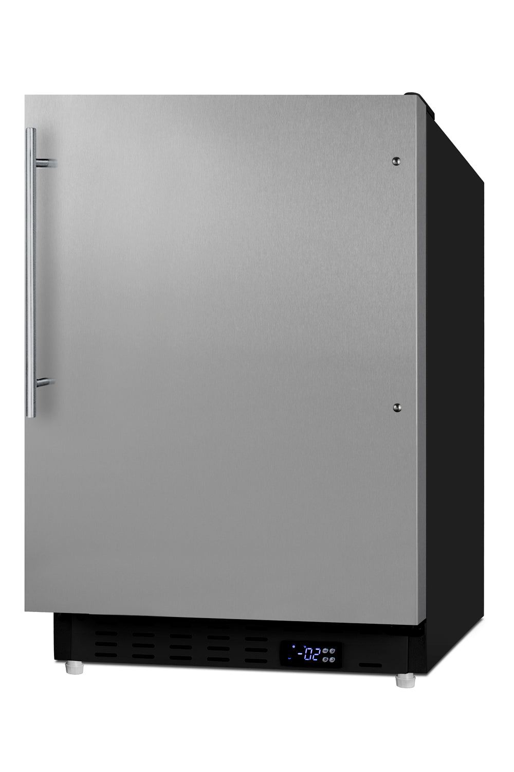 Stainless steel built-in all-freezer with digital temperature display and handle, undercounter appliance for kitchen use