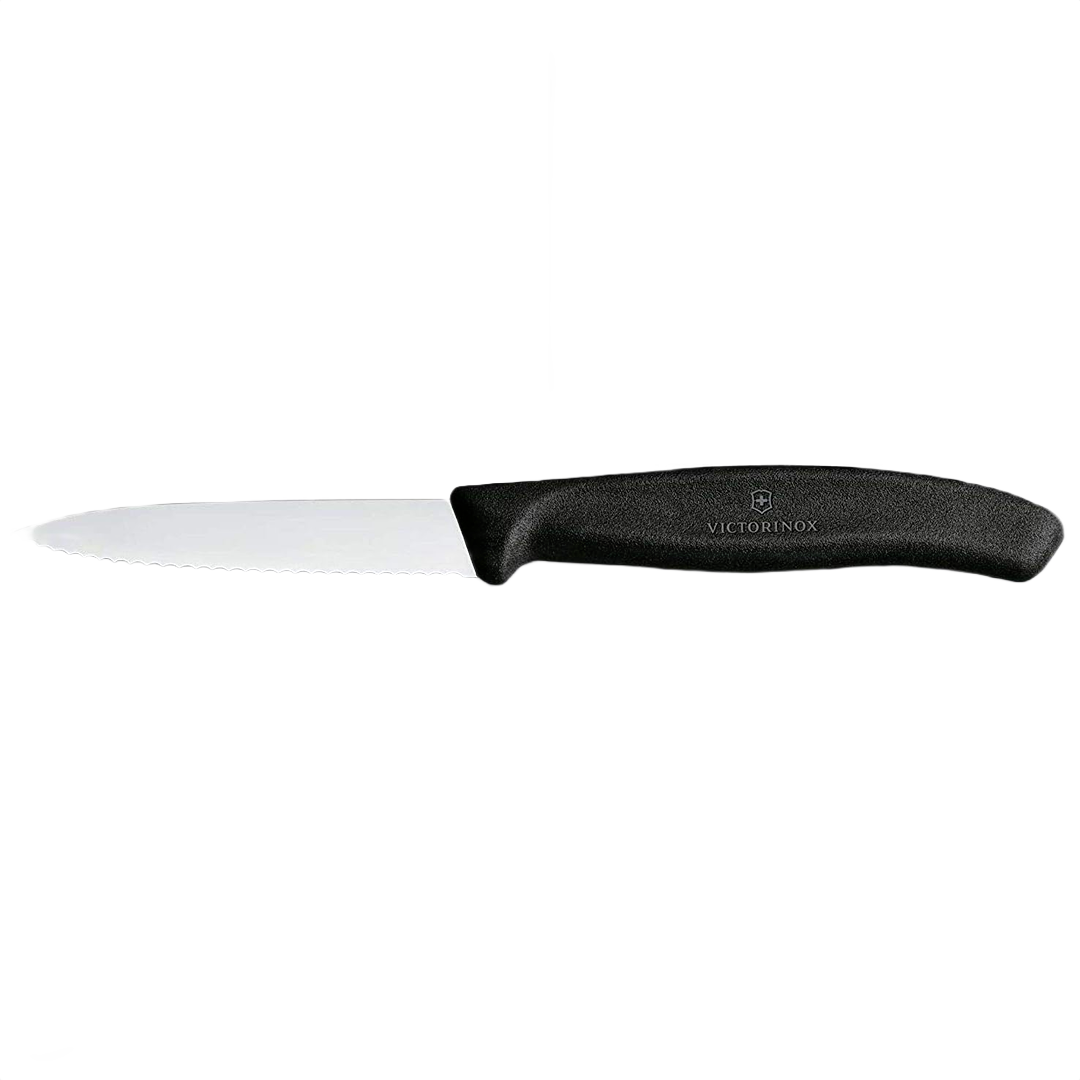 Sharp serrated paring knife with black ergonomic handle for precise cutting in kitchen utensils and cooking tools collections