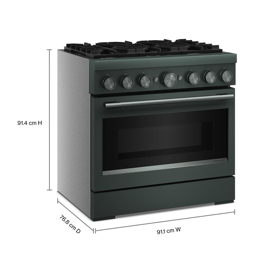 Dark green commercial-style dual fuel range with six burners and stainless steel control knobs from KitchenAid collection