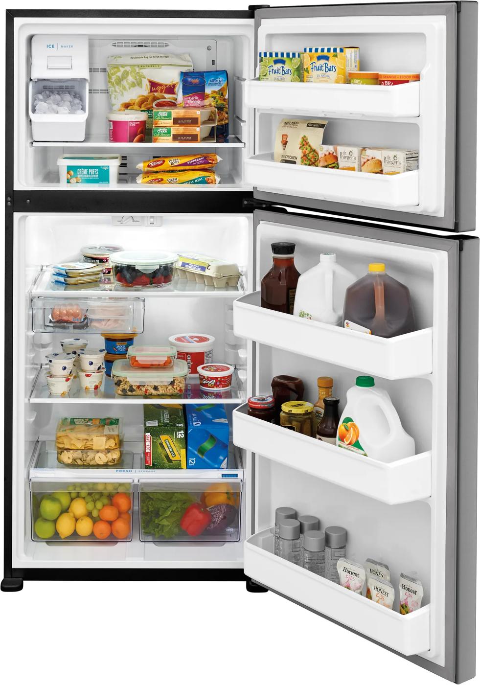 Open top freezer refrigerator showing organized storage with fresh produce and beverages in kitchen appliances collection