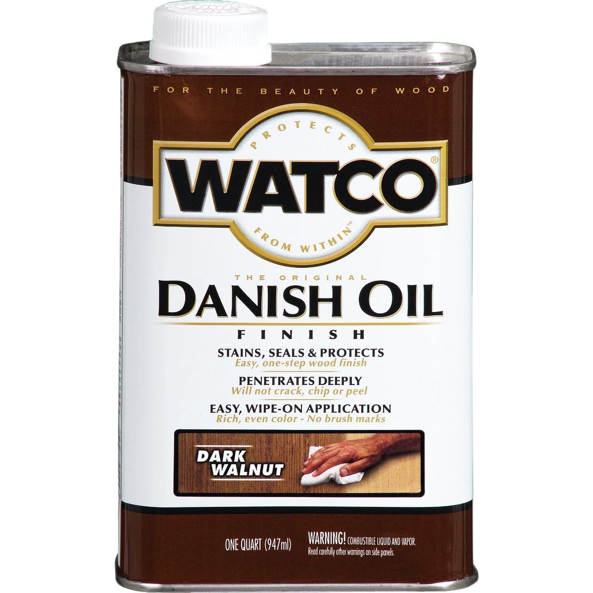 Watco dark walnut wood finish oil in quart can for stain, seal, and protect wood surfaces in home improvement projects