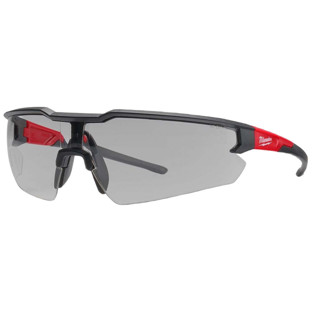 Gray-tinted anti-scratch safety glasses with black and red frame designed for home improvement and tool use