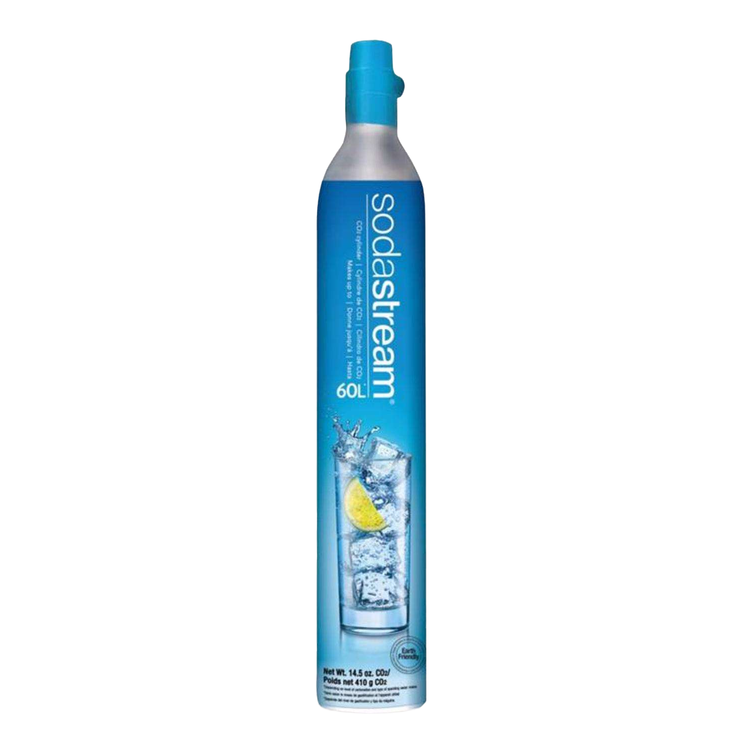 Blue SodaStream CO2 cylinder designed for carbonating beverages with 60-liter capacity for home use