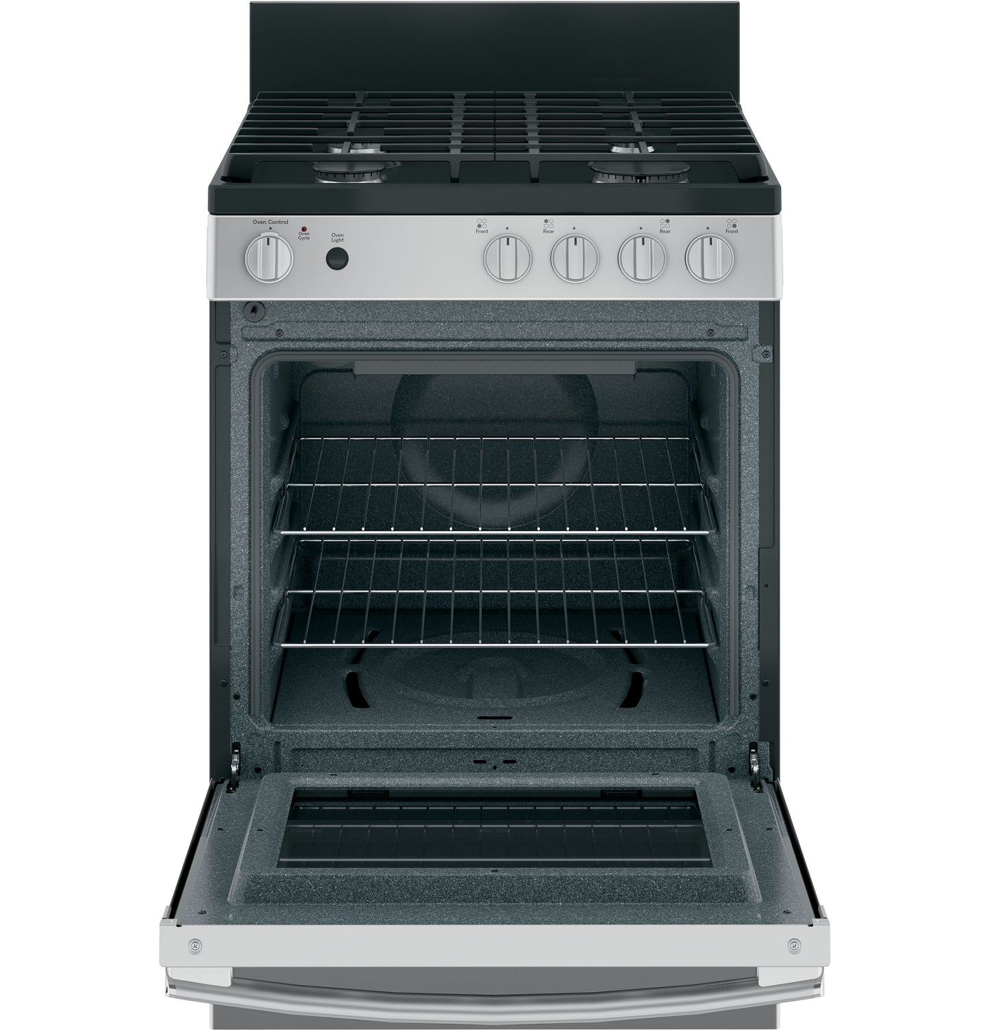 Open stainless steel gas range oven with racks and control knobs for kitchen appliance and gas range collections