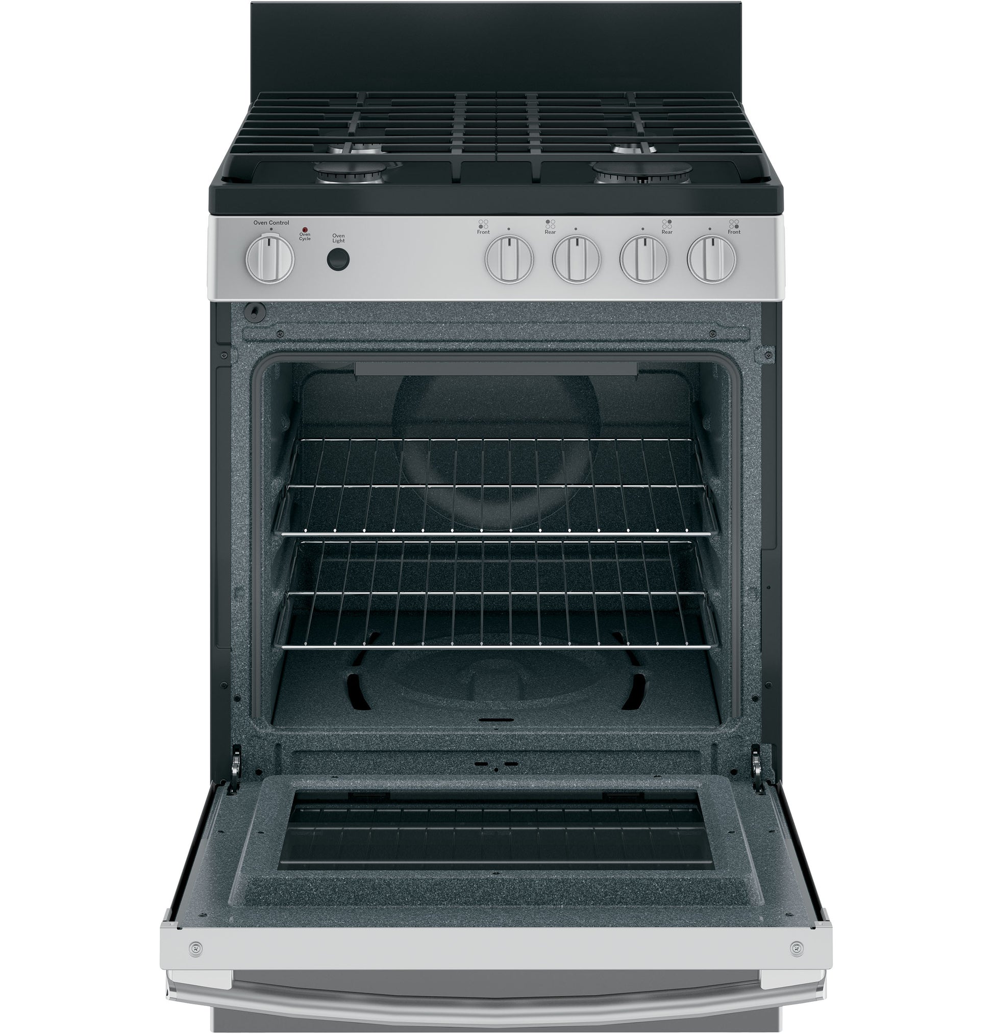 Open stainless steel gas range oven with racks and control knobs for kitchen appliance and gas range collections