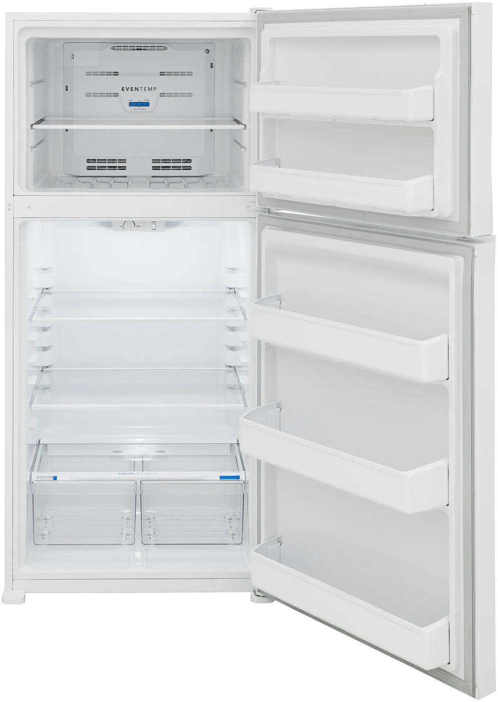 White top freezer refrigerator open to show clear shelving, door bins, and dual crisper drawers in appliance setting