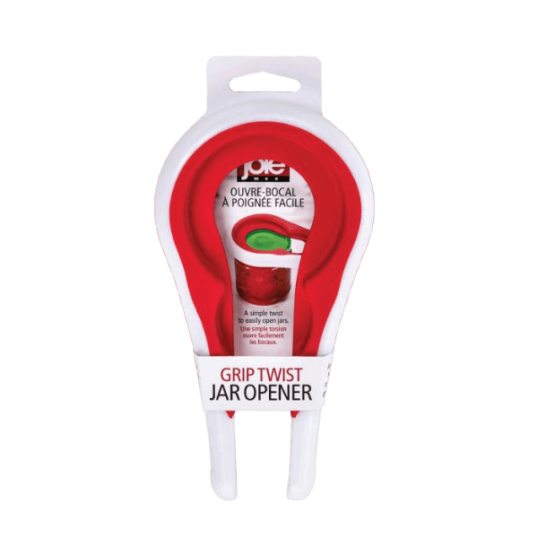 Red and white jar opener designed for easy twisting and gripping to assist with opening jars in home improvement tasks