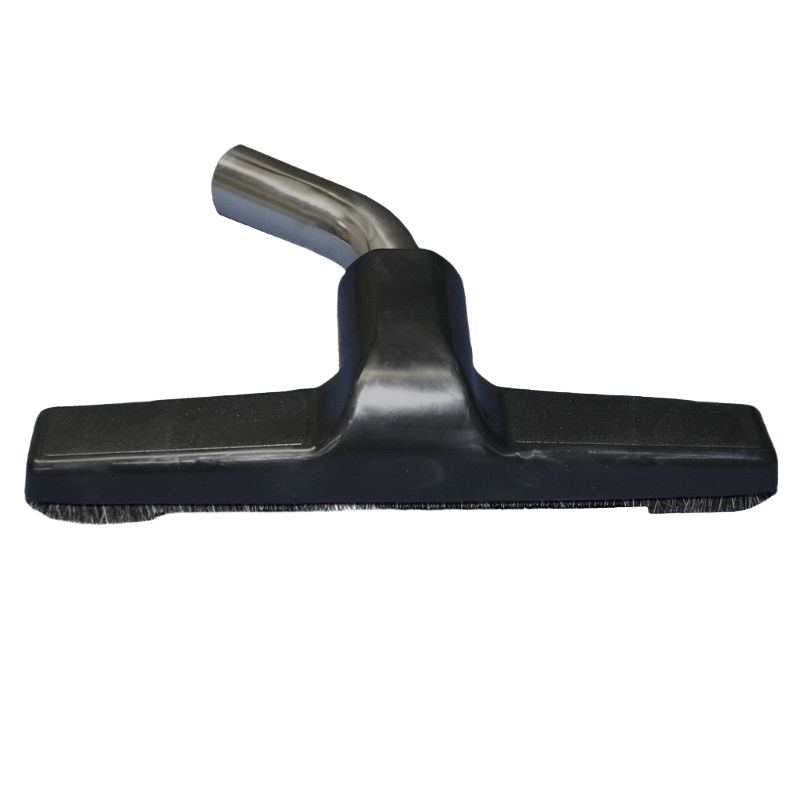 Wide vacuum floor brush attachment with angled metal neck and bristles for tools and home improvement use