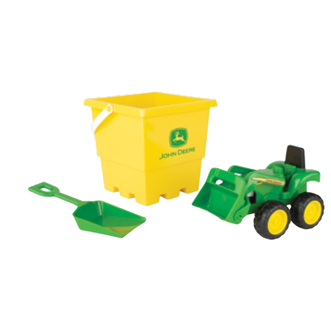 Green toy tractor with front bucket, yellow John Deere branded bucket, and matching green scoop for play use