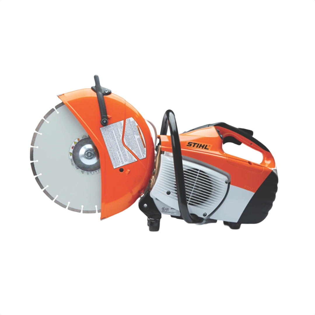 Orange and gray handheld power cutter with large 14-inch blade for tools and home improvement projects