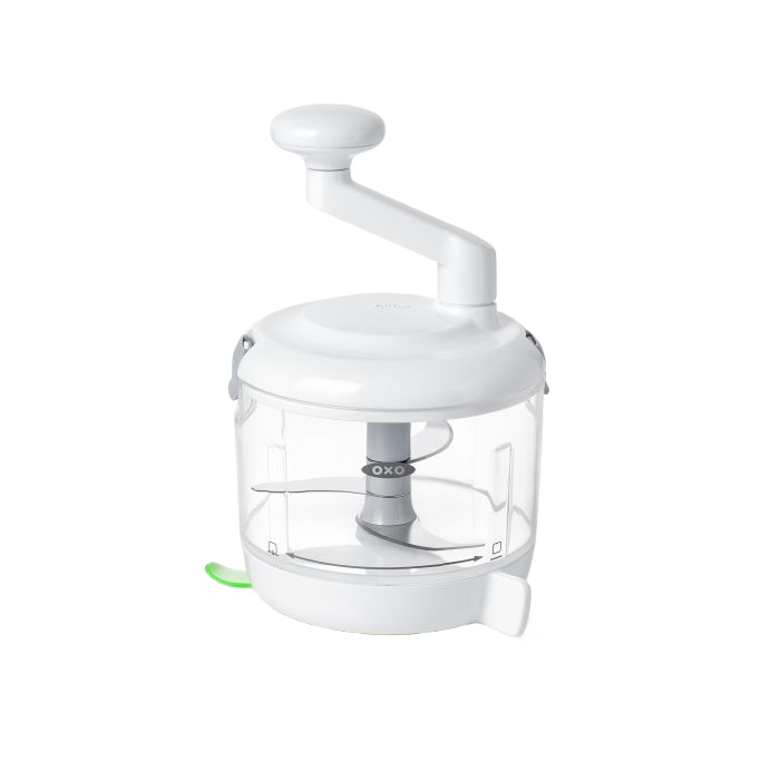 Compact white and clear manual food processor with crank handle for chopping in kitchen gadgets under $50 collections