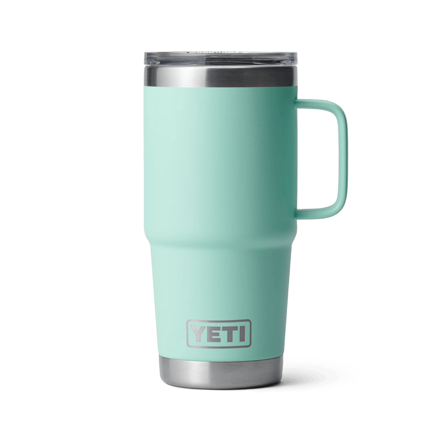 Mint green 20 oz. insulated travel mug with handle and clear Stronghold lid, durable drinkware for kitchen and outdoor use collections