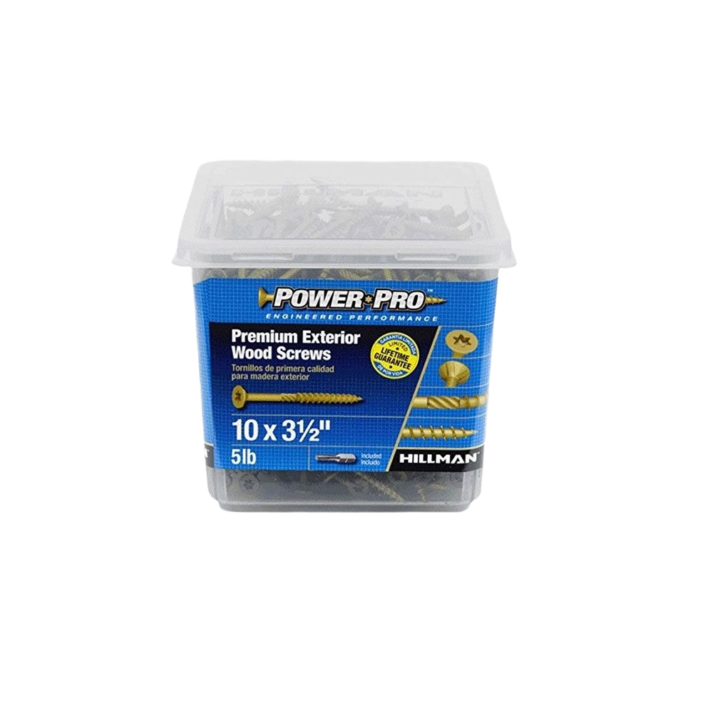 Clear plastic container of exterior wood screws with star drive, designed for durable outdoor woodworking and home improvement tasks