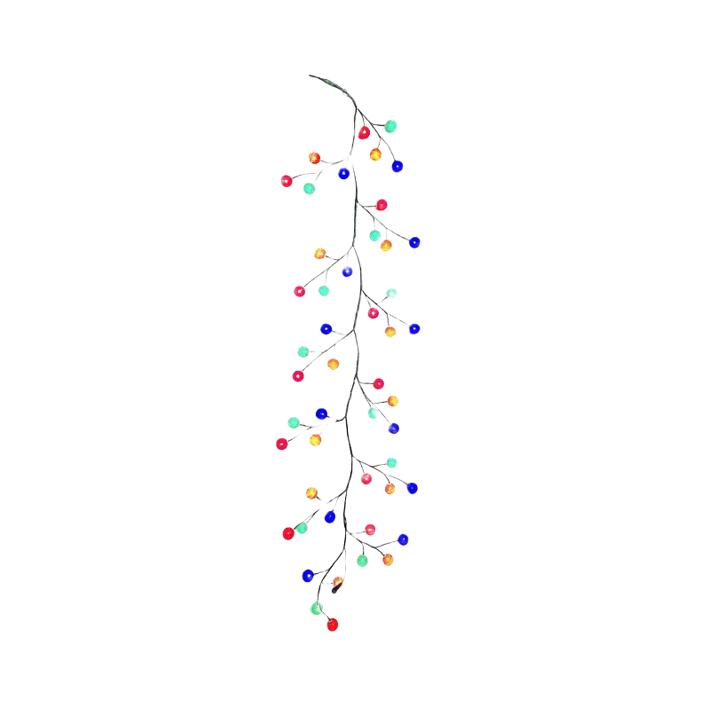 Green decorative garland with small multicolored cotton ball LED lights for festive home decor